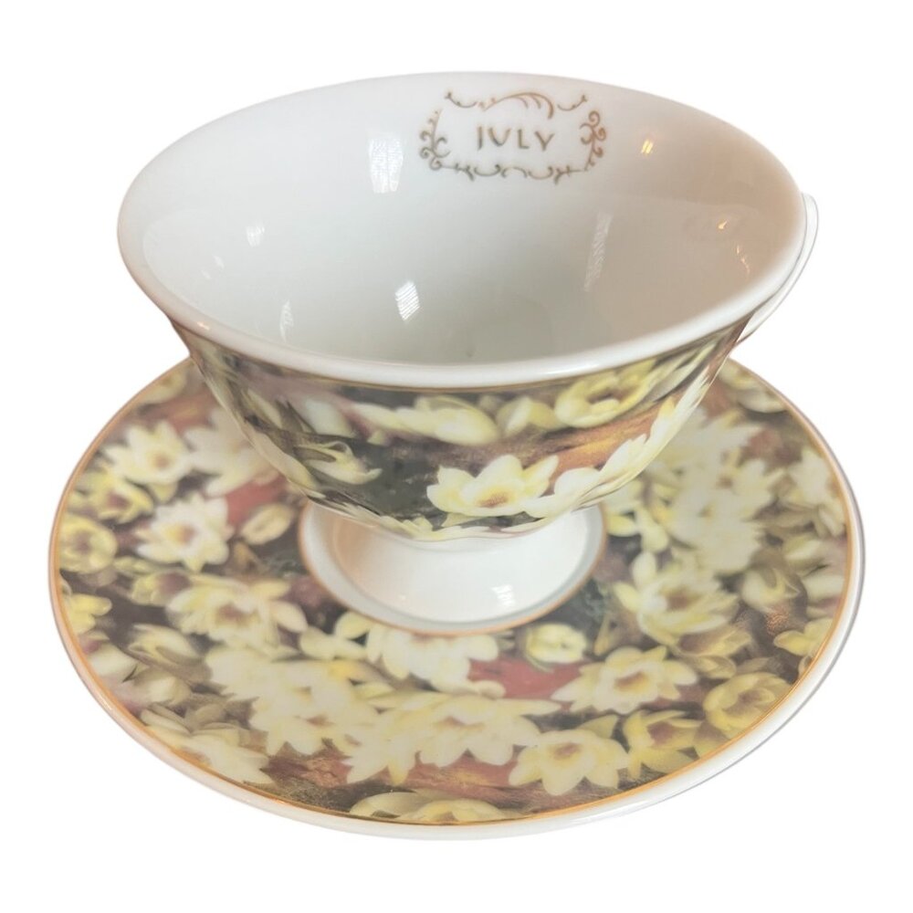 Victorian Trading Co July Teacup & Saucer Set Floral Design Bone China With Box